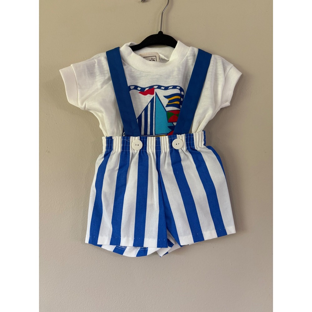 Vintage Lee Baby Boys Nautical Sailboat T-Shirt & Striped Suspenders Shorts Set